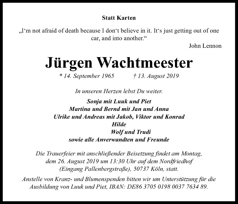  Traueranzeige für Jürgen Wachtmeester vom 21.08.2019 aus Kölner Stadt-Anzeiger / Kölnische Rundschau / Express