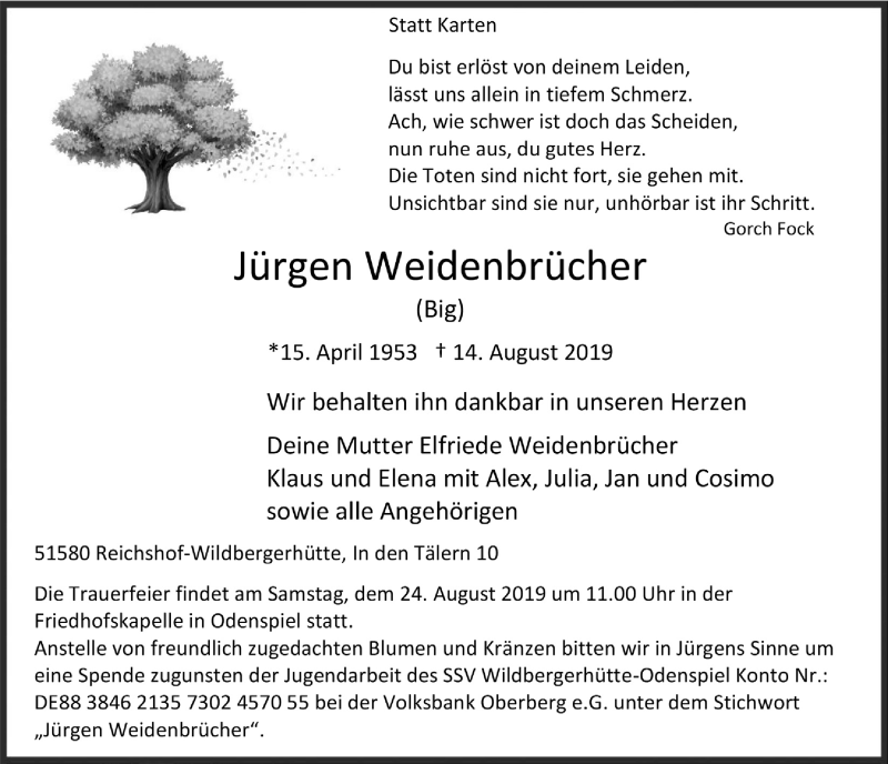  Traueranzeige für Jürgen Weidenbrücher vom 21.08.2019 aus  Anzeigen Echo  Lokalanzeiger 