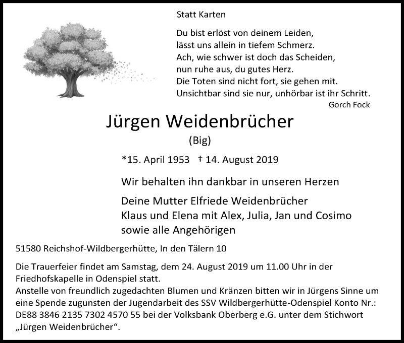  Traueranzeige für Jürgen Weidenbrücher vom 17.08.2019 aus Kölner Stadt-Anzeiger / Kölnische Rundschau / Express