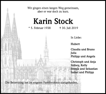 Anzeige von Karin Stock von Kölner Stadt-Anzeiger / Kölnische Rundschau / Express