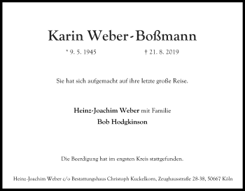 Anzeige von Karin Weber-Boßmann von Kölner Stadt-Anzeiger / Kölnische Rundschau / Express