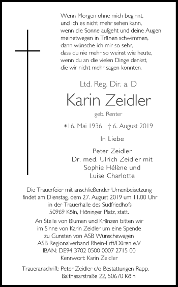 Anzeige von Karin Zeidler von Kölner Stadt-Anzeiger / Kölnische Rundschau / Express