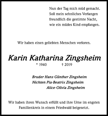 Anzeige von Karin Katharina Zingsheim von Kölner Stadt-Anzeiger / Kölnische Rundschau / Express