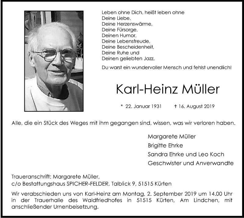  Traueranzeige für Karl-Heinz Müller vom 31.08.2019 aus  Bergisches Sonntagsblatt 