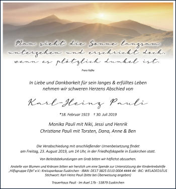 Anzeige von Karl-Heinz Pauli von  Blickpunkt Euskirchen 