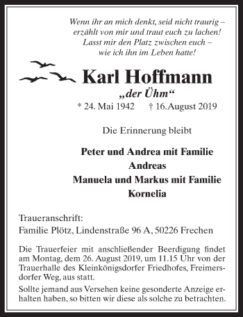 Anzeige von Karl Hoffmann von  Wochenende 