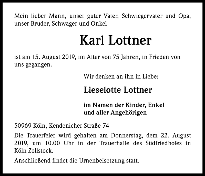  Traueranzeige für Karl Lottner vom 17.08.2019 aus Kölner Stadt-Anzeiger / Kölnische Rundschau / Express
