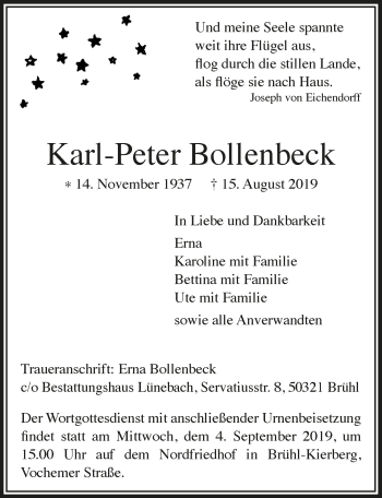 Anzeige von Karl-Peter Bollenbeck von  Schlossbote/Werbekurier 