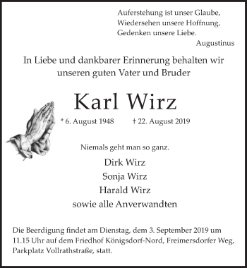 Anzeige von Karl Wirz von  Sonntags-Post 