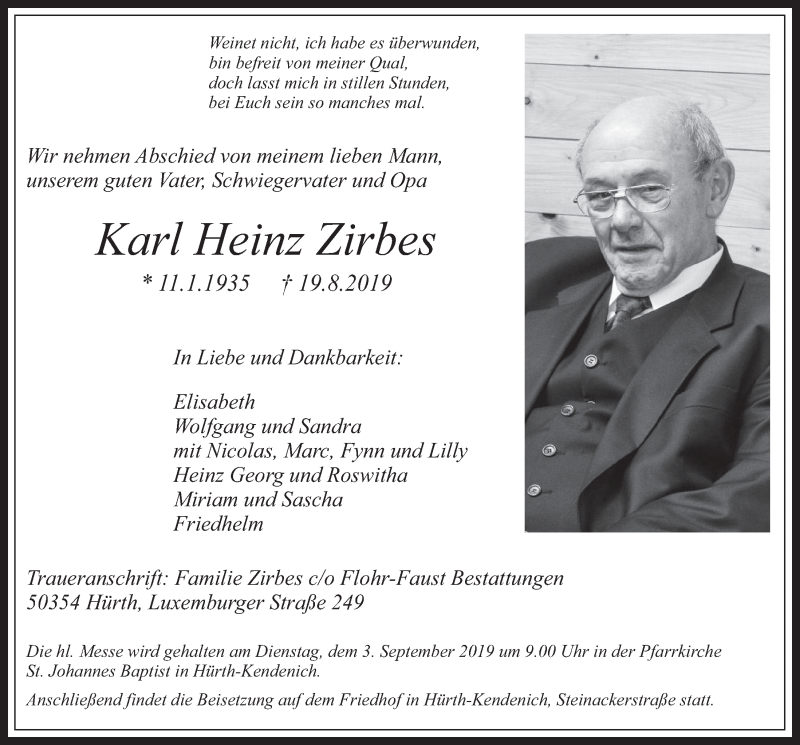  Traueranzeige für Karl Heinz Zirbes vom 28.08.2019 aus  Wochenende 