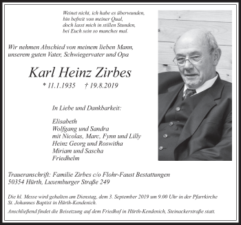 Anzeige von Karl Heinz Zirbes von  Wochenende 