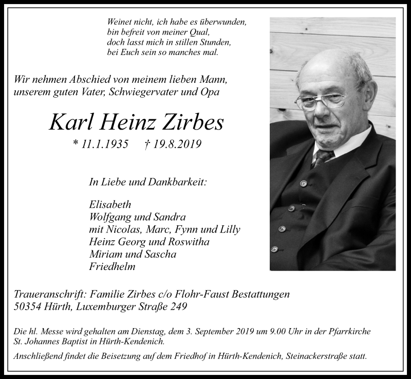 Traueranzeige für Karl Heinz Zirbes vom 31.08.2019 aus Kölner Stadt-Anzeiger / Kölnische Rundschau / Express