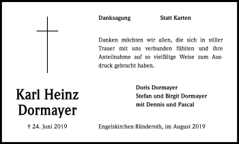 Anzeige von Karl Hienz Dormayer von Kölner Stadt-Anzeiger / Kölnische Rundschau / Express