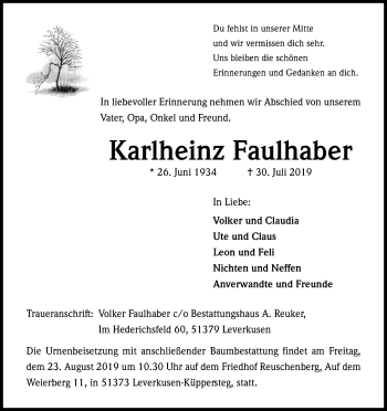 Anzeige von Karlheinz Faulhaber von Kölner Stadt-Anzeiger / Kölnische Rundschau / Express