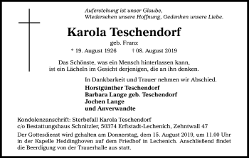 Anzeige von Karola Teschendorf von Kölner Stadt-Anzeiger / Kölnische Rundschau / Express