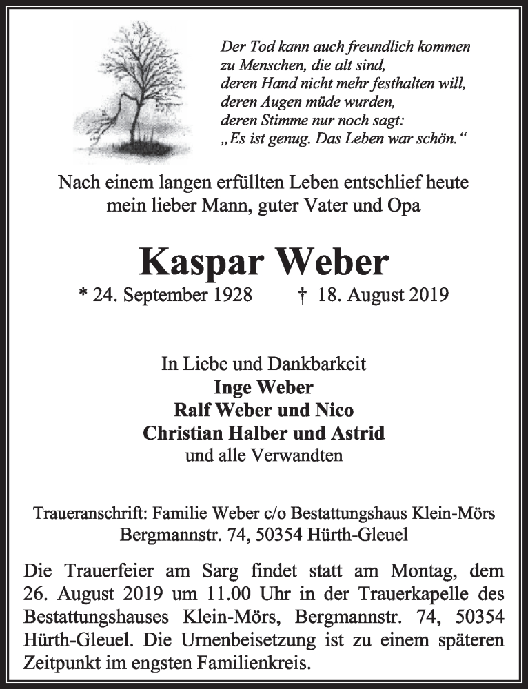  Traueranzeige für Kaspar Weber vom 24.08.2019 aus  Sonntags-Post 