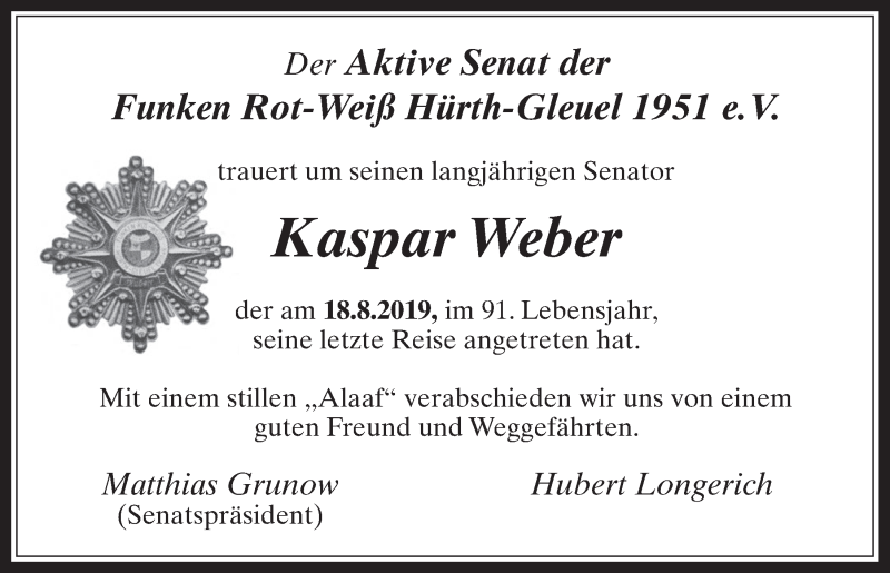 Traueranzeige für Kaspar Weber vom 21.08.2019 aus  Wochenende 