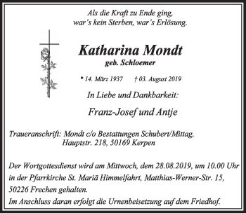 Anzeige von Katharina Mondt von  Sonntags-Post 