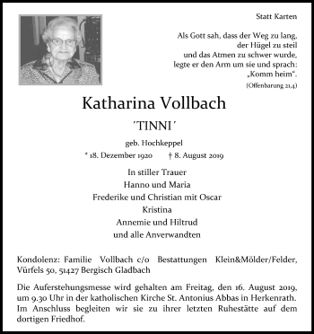 Anzeige von Katharina Vollbach von Kölner Stadt-Anzeiger / Kölnische Rundschau / Express