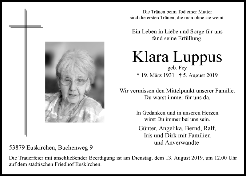  Traueranzeige für Klara Luppus vom 10.08.2019 aus  Blickpunkt Euskirchen 