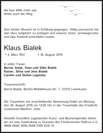 Anzeige von Klaus Bialek von Kölner Stadt-Anzeiger / Kölnische Rundschau / Express