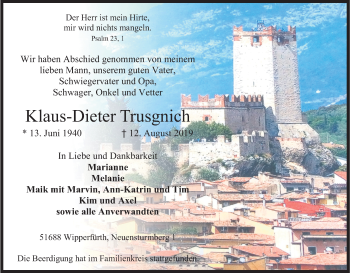 Anzeige von Klaus-Dieter Trusgnich von Kölner Stadt-Anzeiger / Kölnische Rundschau / Express