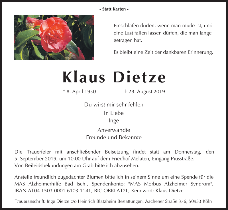  Traueranzeige für Klaus Dietze vom 31.08.2019 aus Kölner Stadt-Anzeiger / Kölnische Rundschau / Express