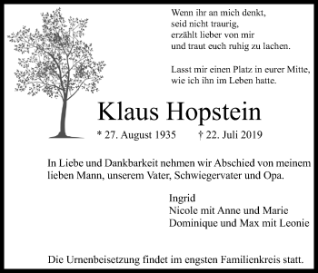 Anzeige von Klaus Hopstein von Kölner Stadt-Anzeiger / Kölnische Rundschau / Express