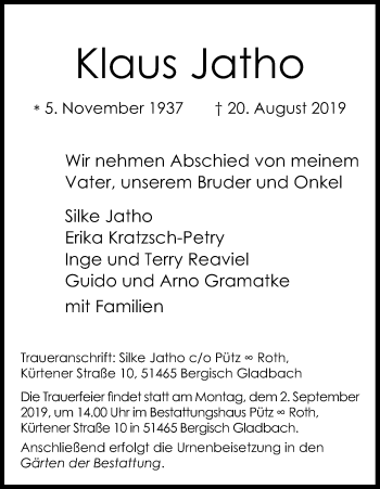 Anzeige von Klaus Jatho von Kölner Stadt-Anzeiger / Kölnische Rundschau / Express
