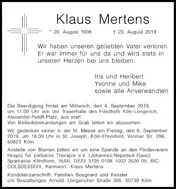 Anzeige von Klaus Mertens von Kölner Stadt-Anzeiger / Kölnische Rundschau / Express