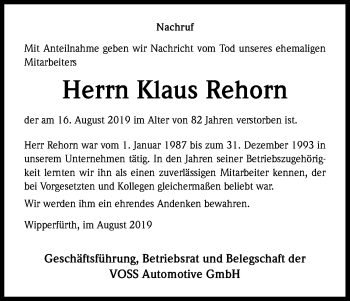 Anzeige von Klaus Rehorn von Kölner Stadt-Anzeiger / Kölnische Rundschau / Express