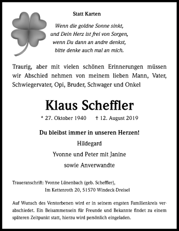 Anzeige von Klaus Scheffler von Kölner Stadt-Anzeiger / Kölnische Rundschau / Express