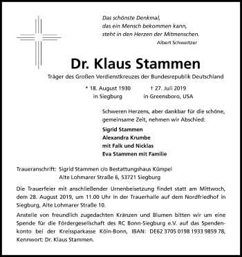 Anzeige von Klaus Stammen von Kölner Stadt-Anzeiger / Kölnische Rundschau / Express