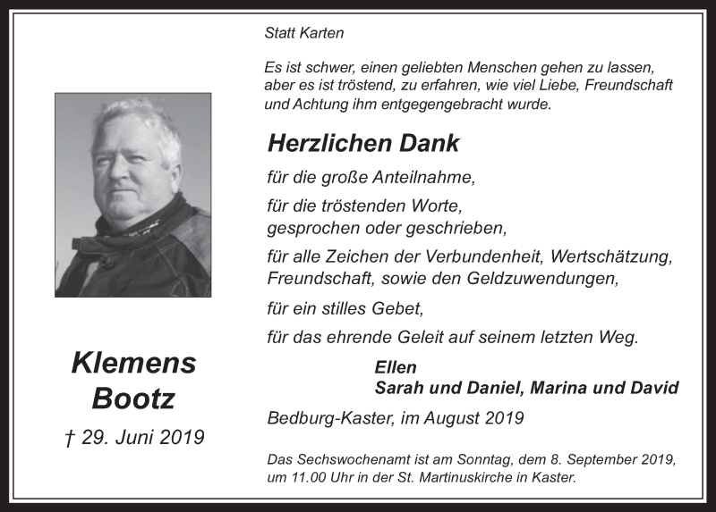  Traueranzeige für Klemens Bootz vom 14.08.2019 aus  Werbepost 