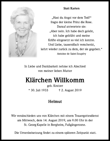 Anzeige von Klärchen Willkomm von Kölner Stadt-Anzeiger / Kölnische Rundschau / Express