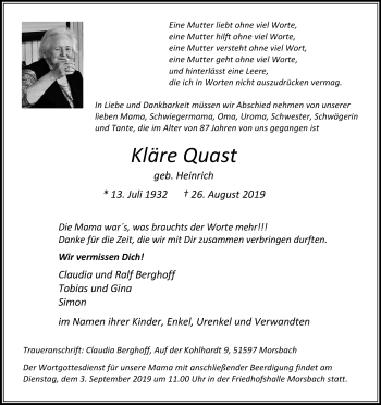Anzeige von Kläre Quast von Kölner Stadt-Anzeiger / Kölnische Rundschau / Express