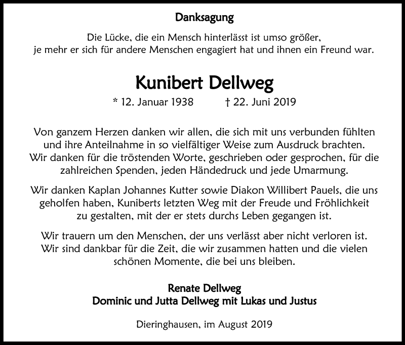  Traueranzeige für Kunibert Dellweg vom 31.08.2019 aus Kölner Stadt-Anzeiger / Kölnische Rundschau / Express