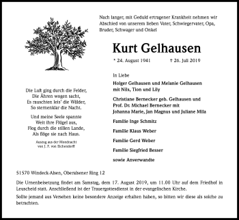 Anzeige von Kurt Gelhausen von Kölner Stadt-Anzeiger / Kölnische Rundschau / Express