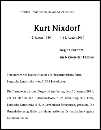 Anzeige von Kurt Nixdorf von Kölner Stadt-Anzeiger / Kölnische Rundschau / Express