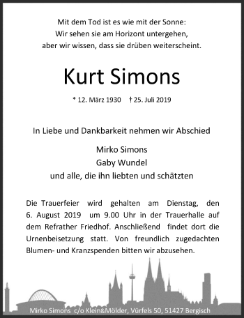 Anzeige von Kurt Simons von  Bergisches Sonntagsblatt 