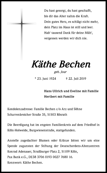 Anzeige von Käthe Bechen von Kölner Stadt-Anzeiger / Kölnische Rundschau / Express