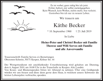 Anzeige von Käthe Becker von  Sonntags-Post 