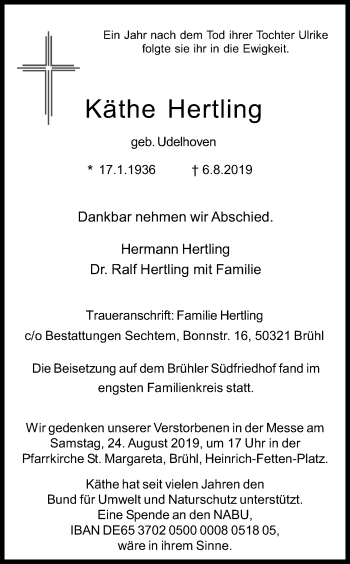 Anzeige von Käthe Hertling von Kölner Stadt-Anzeiger / Kölnische Rundschau / Express