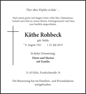 Anzeige von Käthe Rohbeck von  Kölner Wochenspiegel 