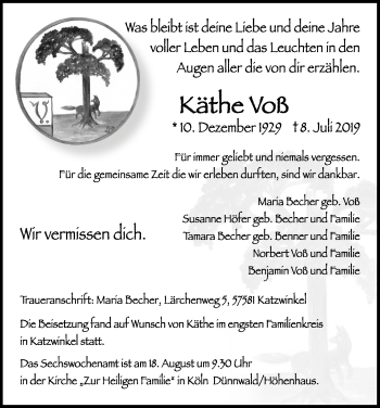 Anzeige von Käthe Voß von Kölner Stadt-Anzeiger / Kölnische Rundschau / Express