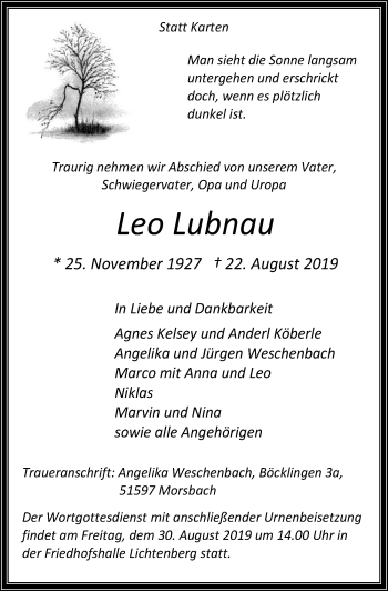 Anzeige von Leo Lubnau von  Lokalanzeiger 