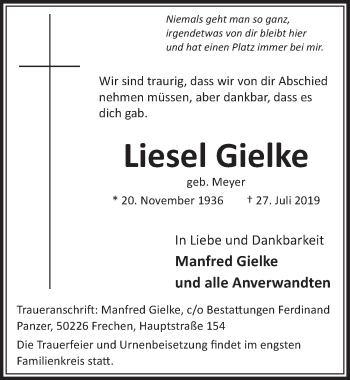 Anzeige von Liesel Gielke von  Sonntags-Post 
