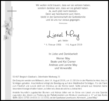 Anzeige von Liesel May von Kölner Stadt-Anzeiger / Kölnische Rundschau / Express