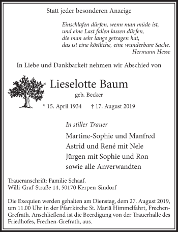 Anzeige von Lieselotte Baum von  Sonntags-Post 
