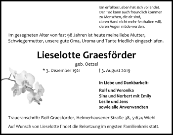 Anzeige von Lieselotte Graesförder von Kölner Stadt-Anzeiger / Kölnische Rundschau / Express